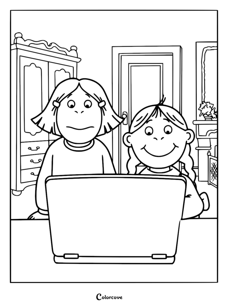 Francine and Muffy looking at a laptop screen in this printable Arthur coloring page.