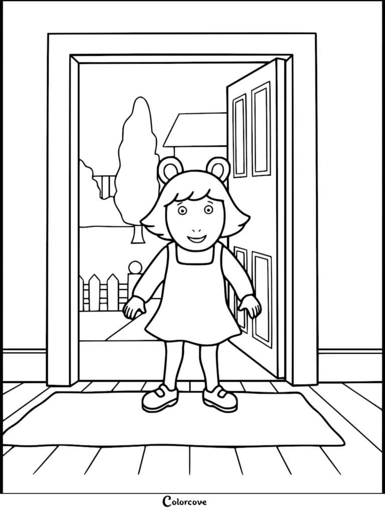 D.W. Read standing on a rug in an open doorway, printable coloring page.