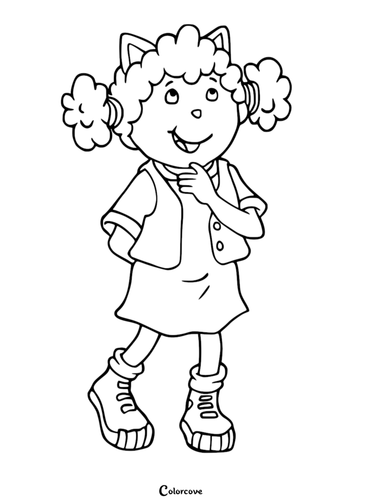 Sue Ellen Armstrong from Arthur standing and thinking in this printable coloring page.