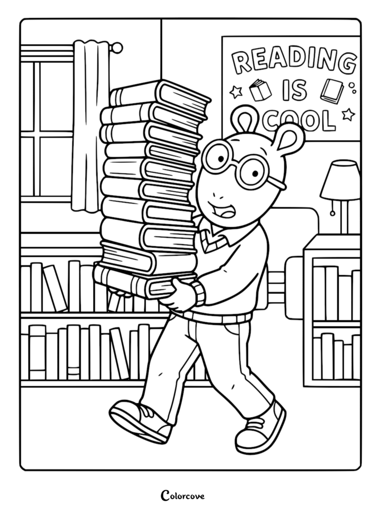 Arthur Read carrying a tall stack of books in a library with a Reading Is Cool sign on the wall coloring page
