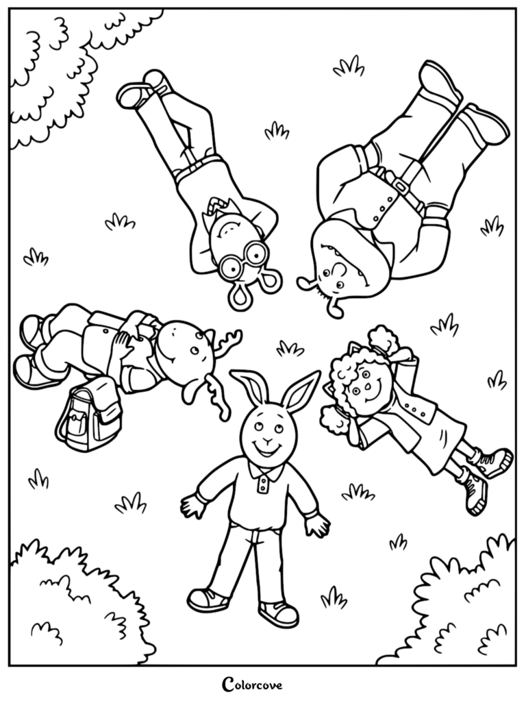 Arthur, Buster, Binky, George, and Muffy lying in the grass in this printable Arthur coloring page.