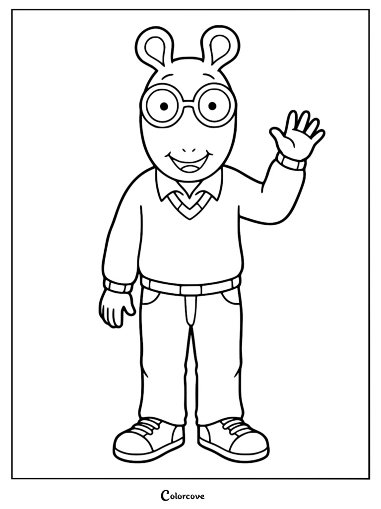 Arthur Read wearing his signature sweater and glasses waving hello in this printable coloring page.