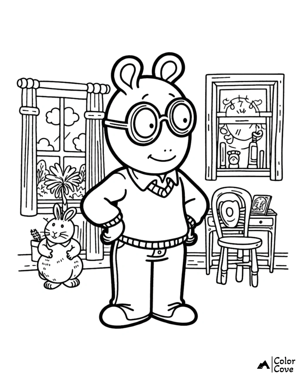 A cute bear with glasses stands confidently in a room with a window, desk, chair, and a bunny holding a flower. Color Cove.