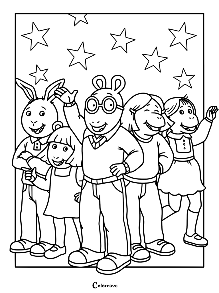 Arthur, Buster Baxter, D.W. Read, Francine Frensky, and Muffy Crosswire waving in front of stars on a printable coloring page.