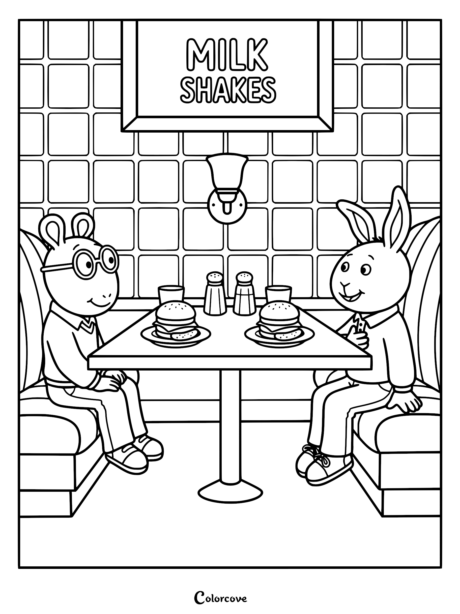 Arthur and Buster sitting in a booth at The Sugar Bowl eating burgers, printable coloring page.