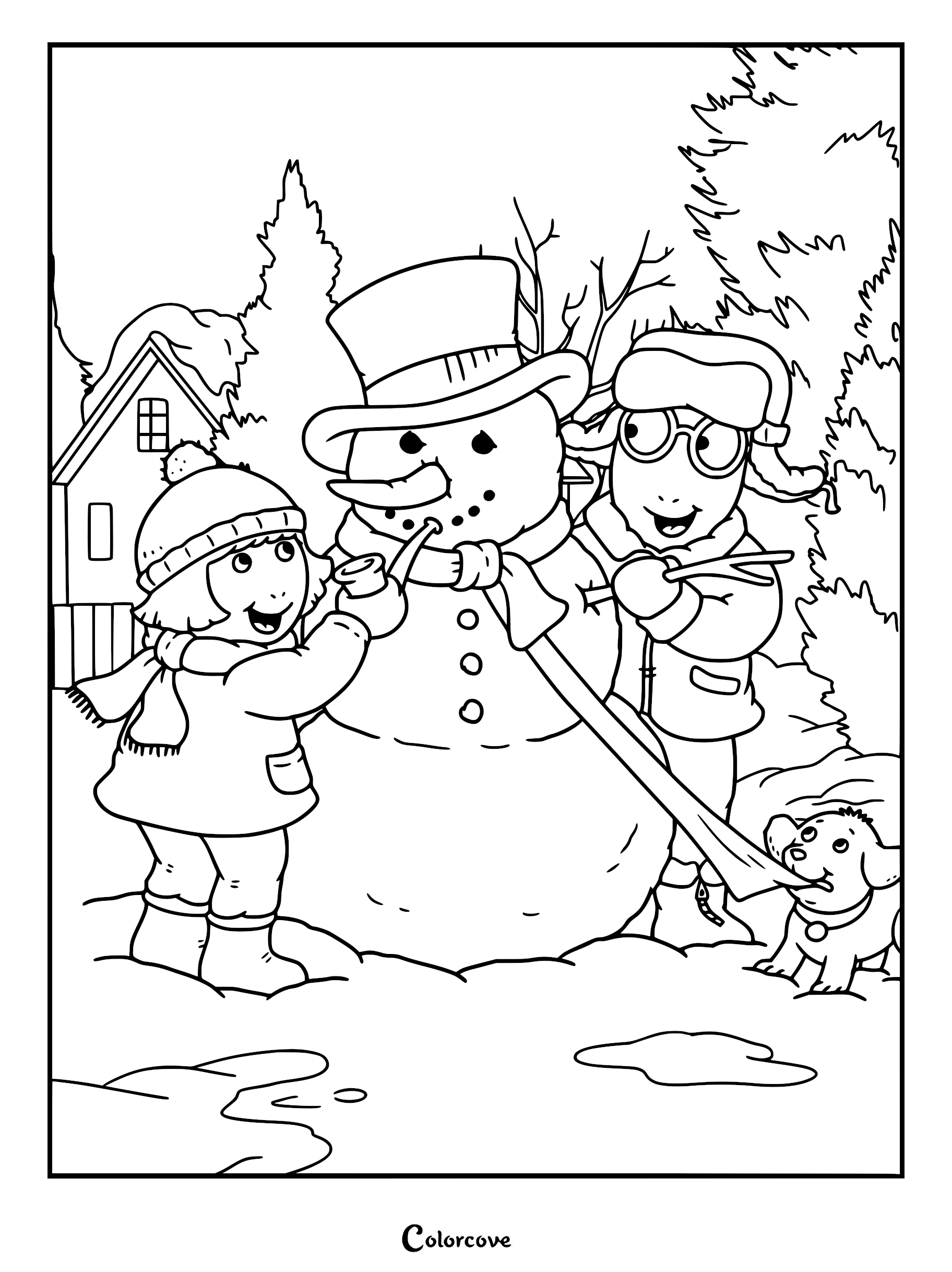 Arthur and DW building a snowman in the snow, printable coloring page featuring the siblings and their dog.