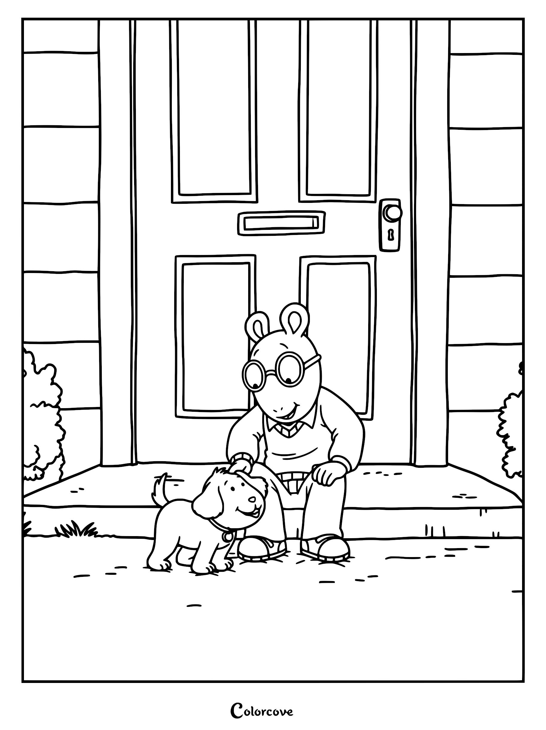 Arthur Read sitting on his front porch steps petting his dog Pal in this printable coloring page.
