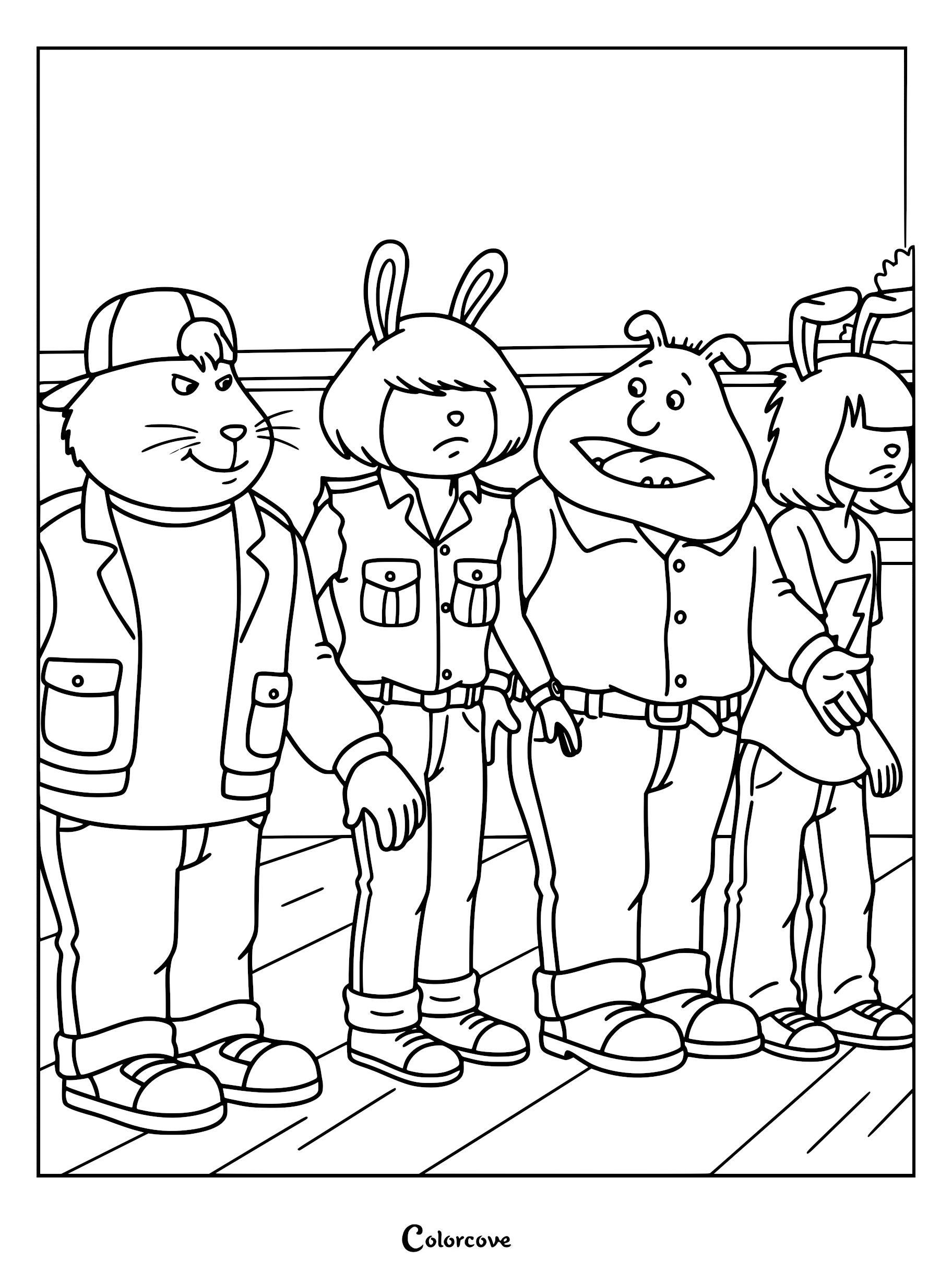 Binky Barnes and The Tough Customers standing together in a line art coloring page.