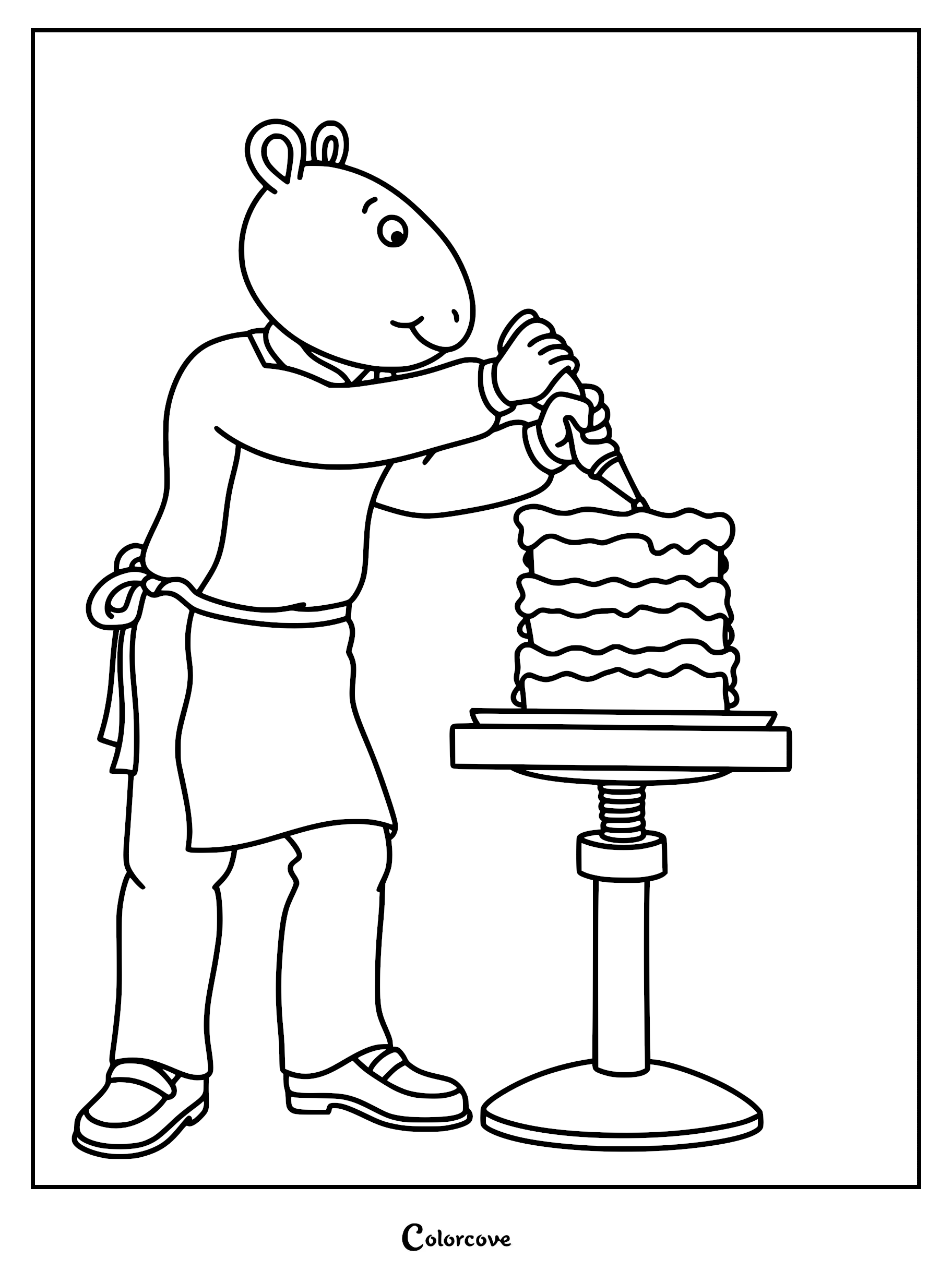 David Read wearing an apron and piping frosting onto a tiered cake in this printable coloring page.