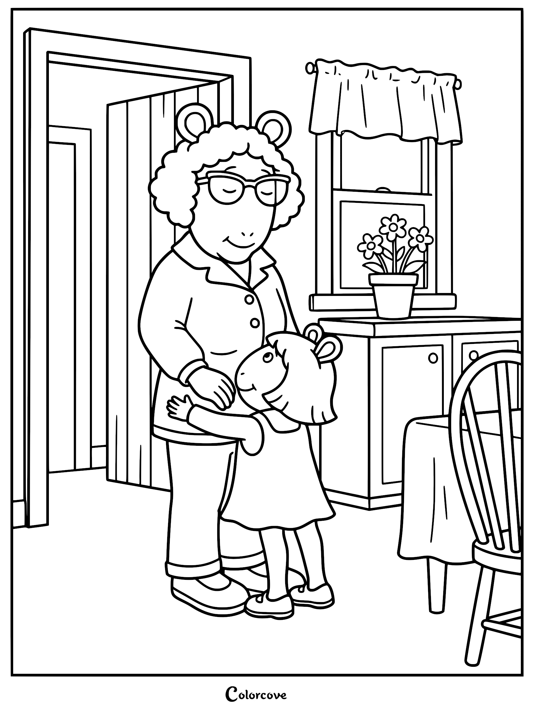 Grandma Thora wearing glasses and D.W. sharing a warm hug in a kitchen setting, printable coloring page.