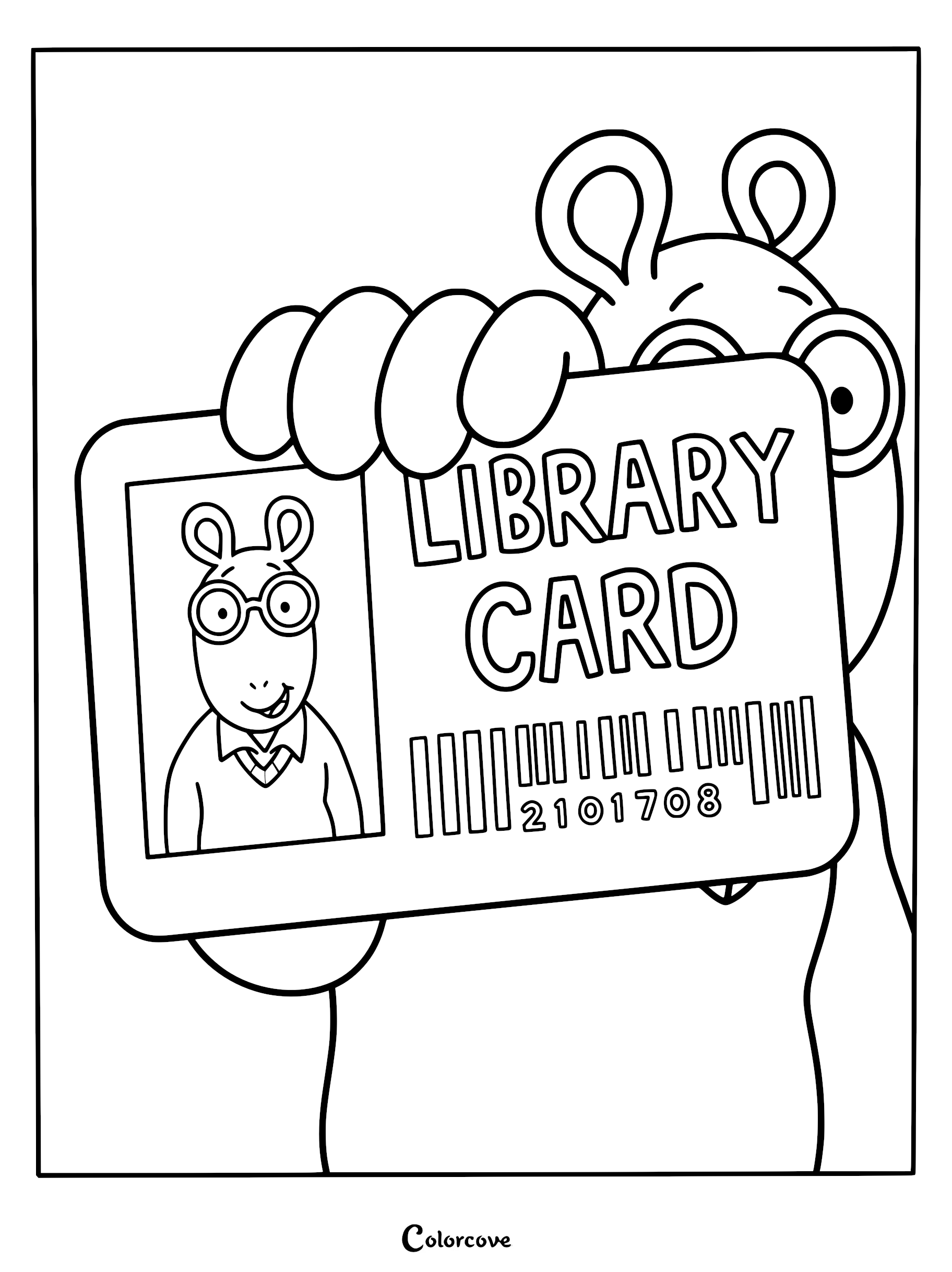 Arthur Read holding up his official library card in this printable coloring page scene.