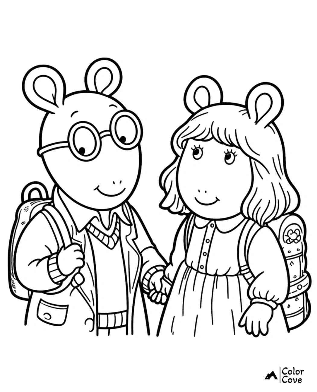 Cute coloring page of two cartoon characters with backpacks, holding hands, ready for school. Perfect for kids' coloring fun!