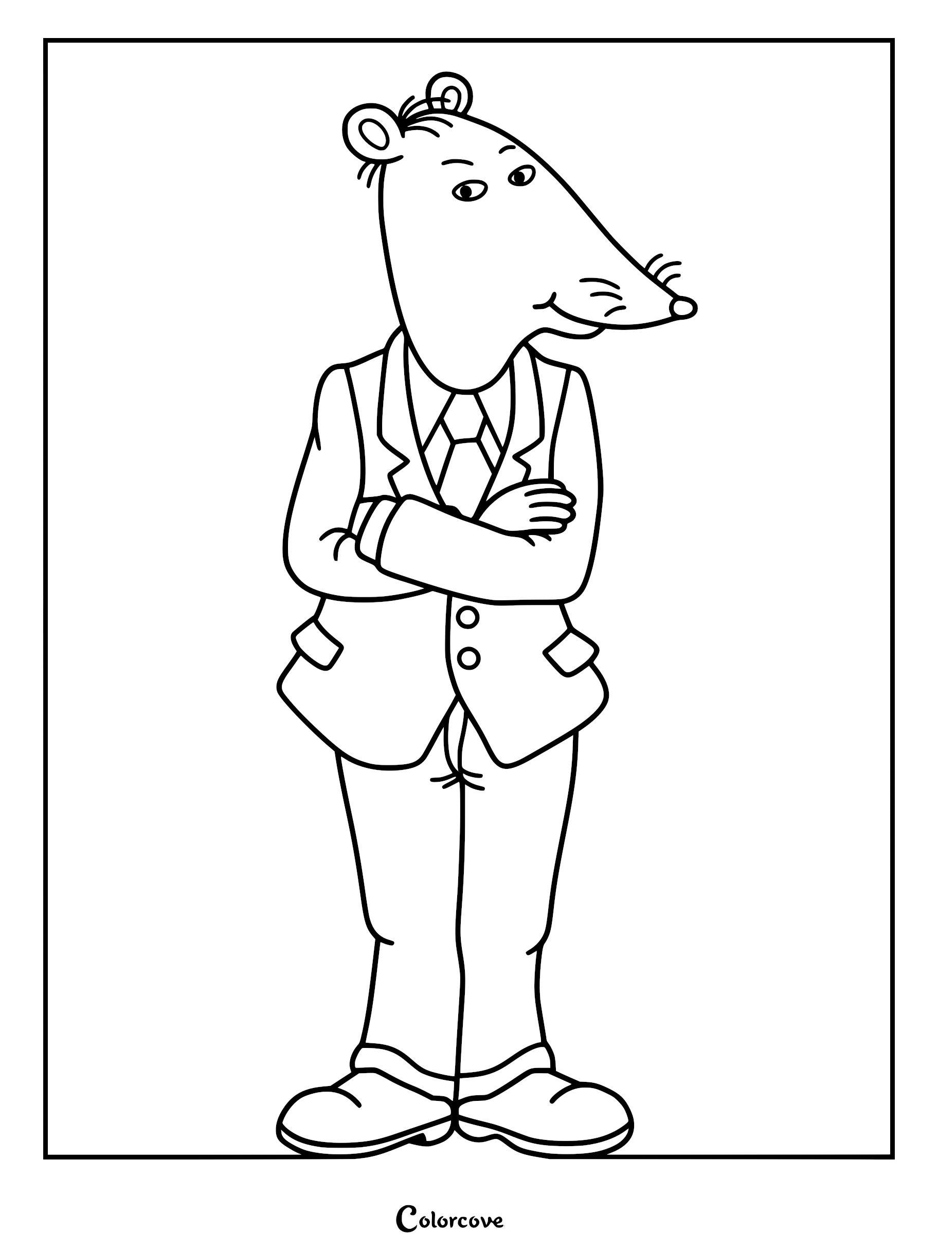 Mr. Ratburn standing with his arms crossed in a suit, printable coloring page.