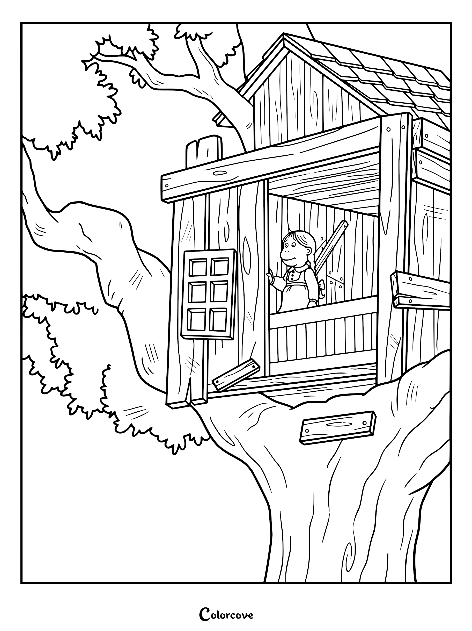 Muffy Crosswire standing inside a wooden treehouse, Arthur coloring page line art.