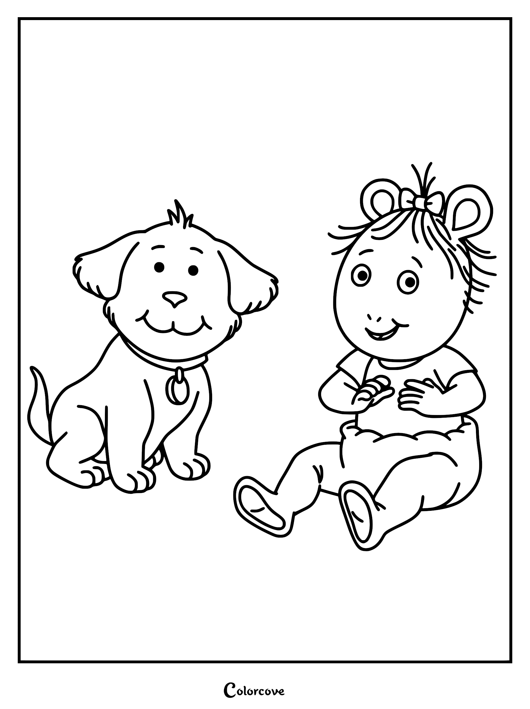 Kate Read sitting on the floor next to her dog Pal in this printable Arthur coloring page.