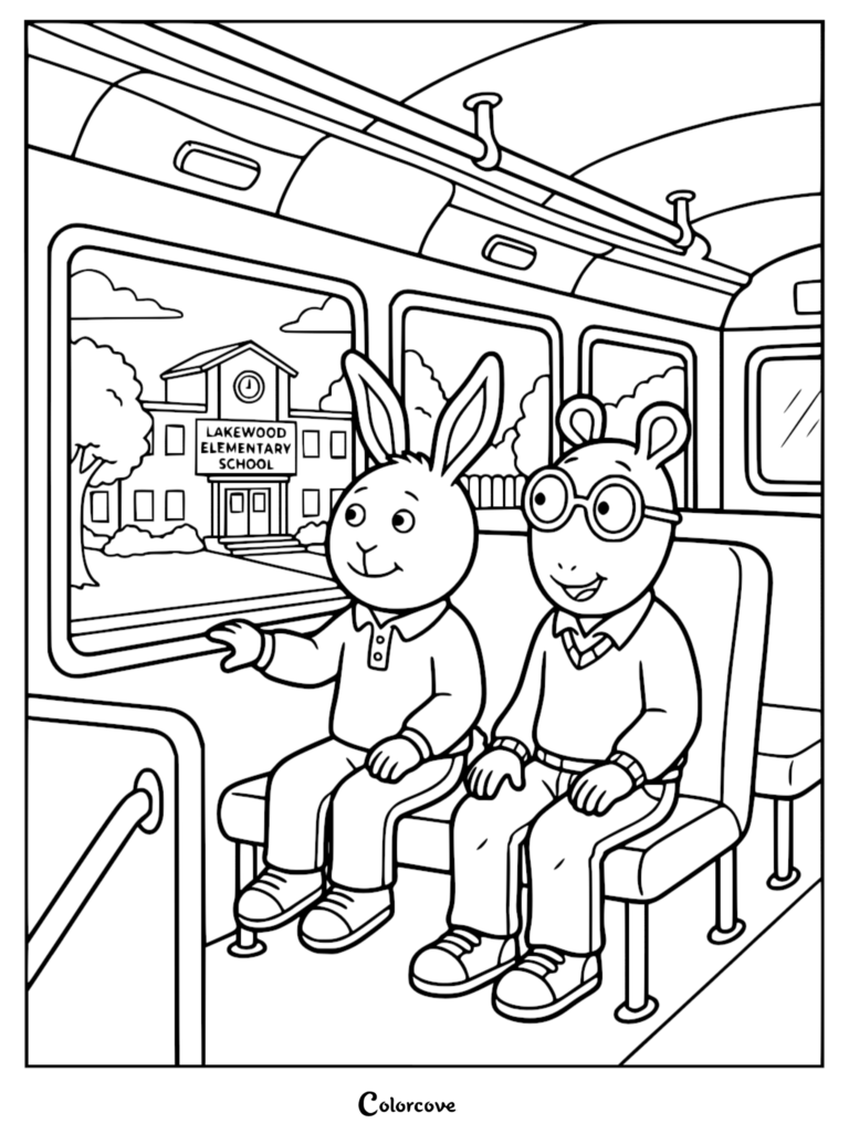Arthur Read and Buster Baxter sitting on a school bus looking out the window at Lakewood Elementary School in this printable coloring page.