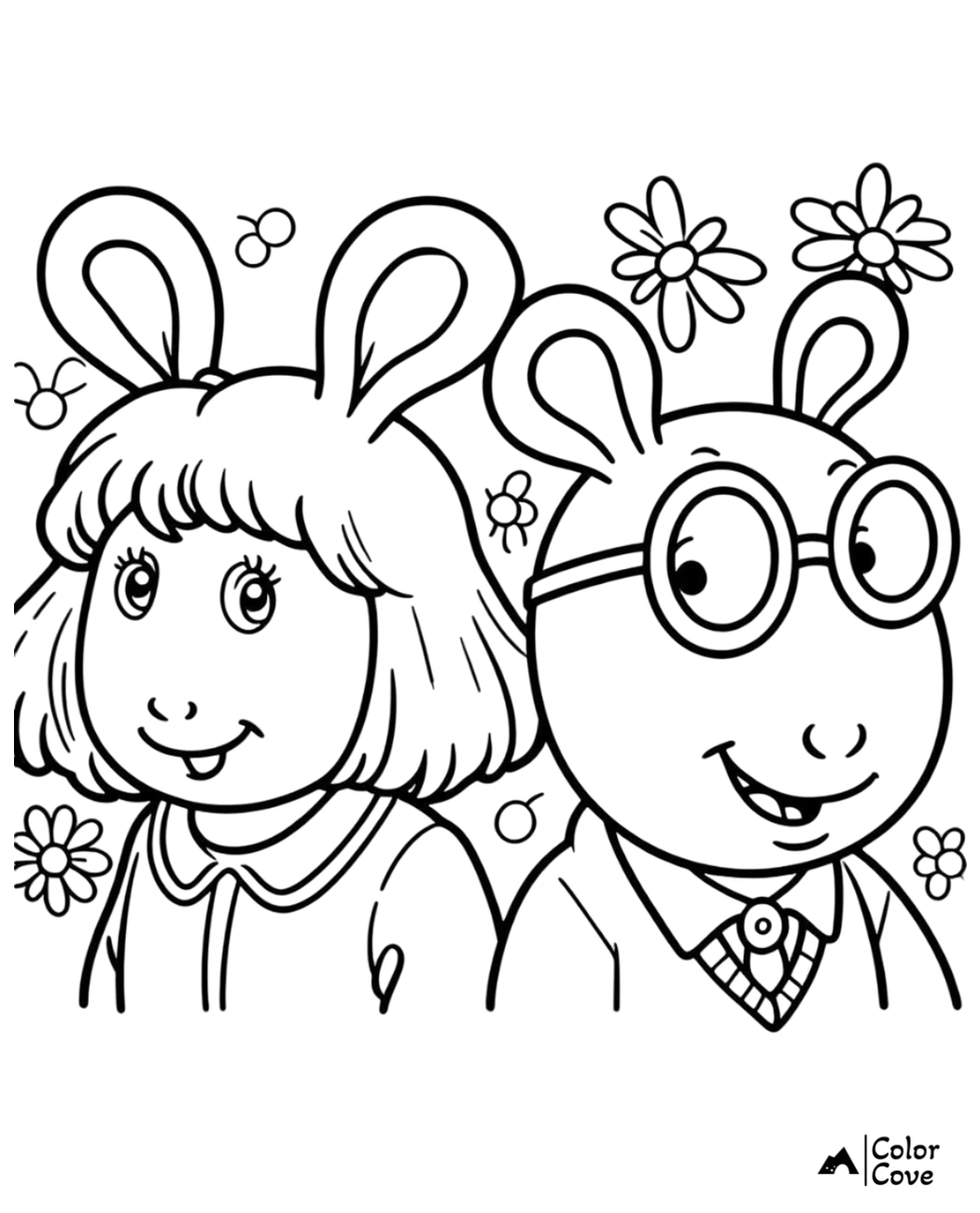 Coloring page of two cheerful cartoon characters with rabbit ears, surrounded by flowers and bees. Perfect for kids.