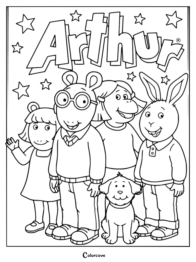 Arthur, D.W., Francine, Buster, and Pal in a group portrait coloring page with stars background