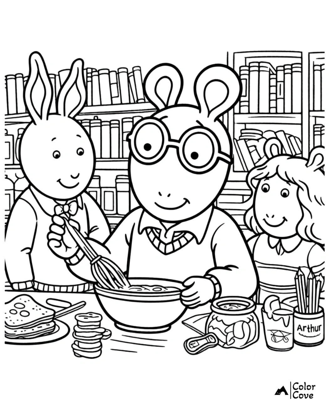 Coloring page of characters in a kitchen, one stirring a bowl while friends watch, with bookshelves in the background.