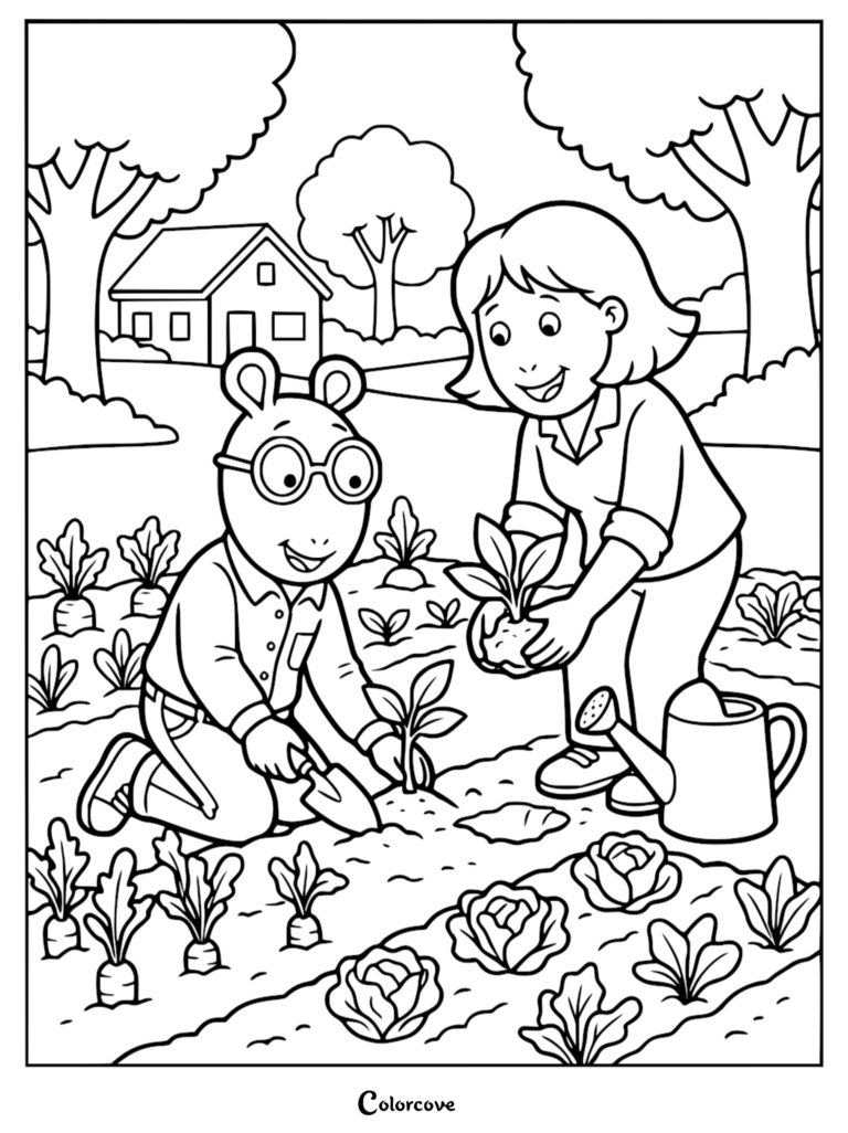 Arthur planting vegetables in a garden, printable coloring page.