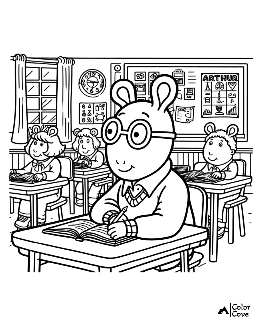 Arthur coloring page featuring Arthur and friends in a classroom, ideal for kids who love school-themed activities.