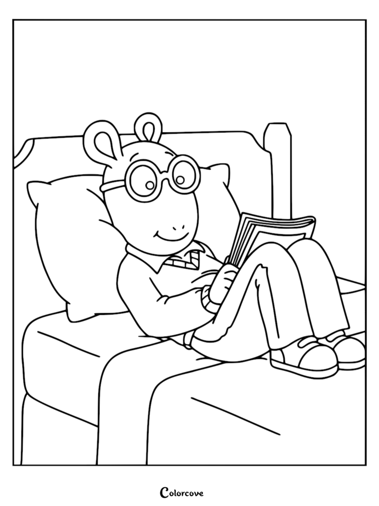 Arthur Read in Bed coloring page featuring Arthur wearing his signature glasses while relaxing against a pillow with a book.