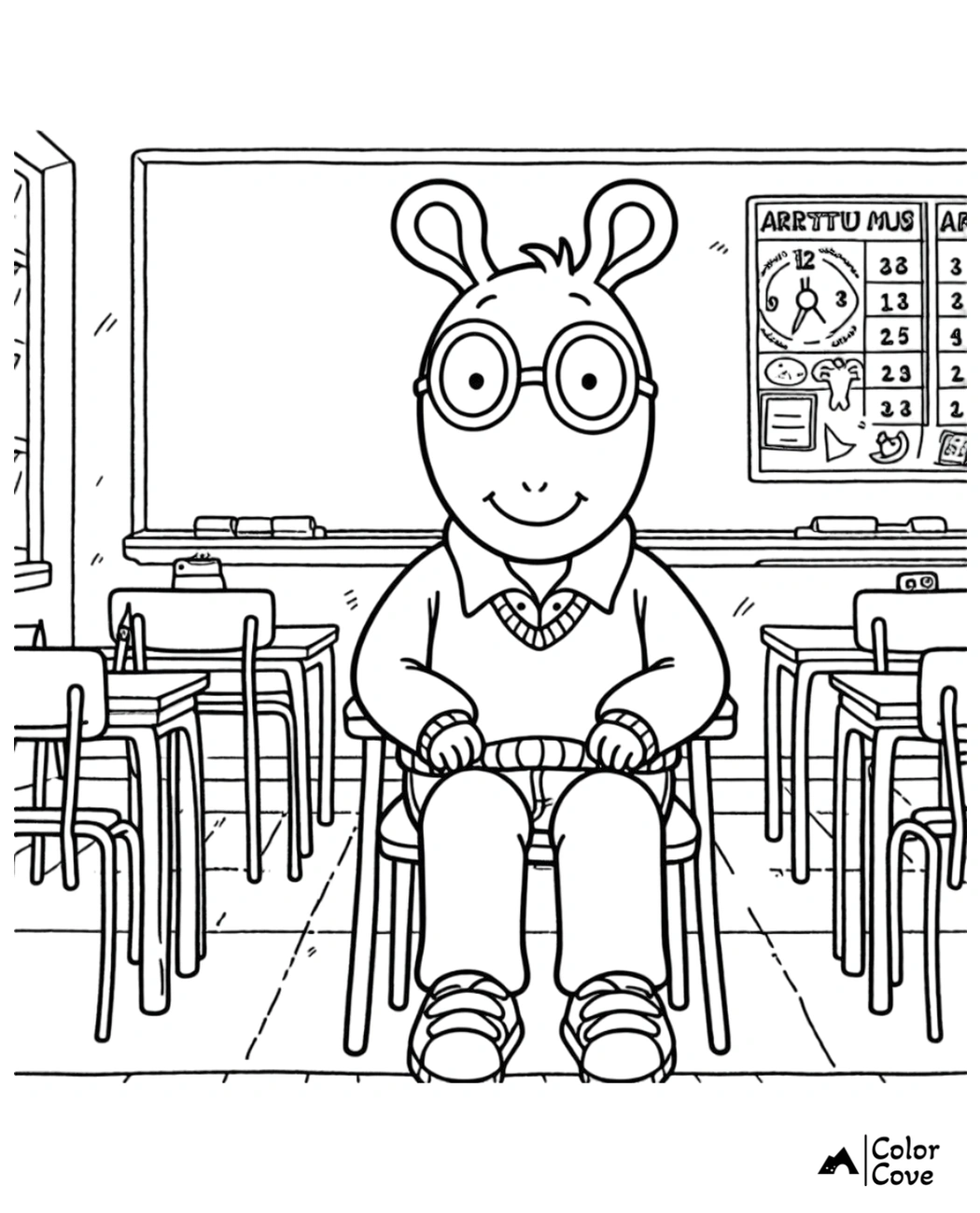 Coloring page of an aardvark character sitting at a desk in a classroom with a blackboard and chart in the background.