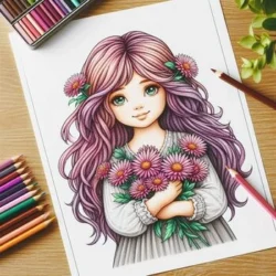 Coloring page of a young girl with long hair holding flowers, designed with vibrant colors, colored pencils and a plant beside.