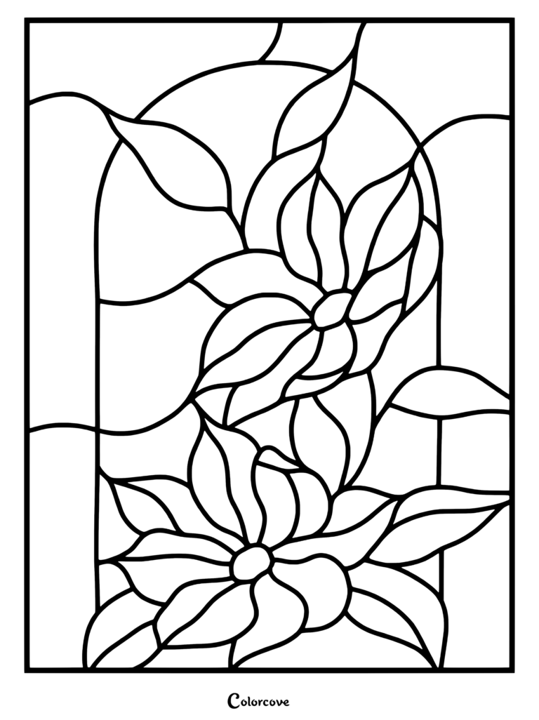 Printable coloring page of an Aster flower arranged in a stained glass window design.