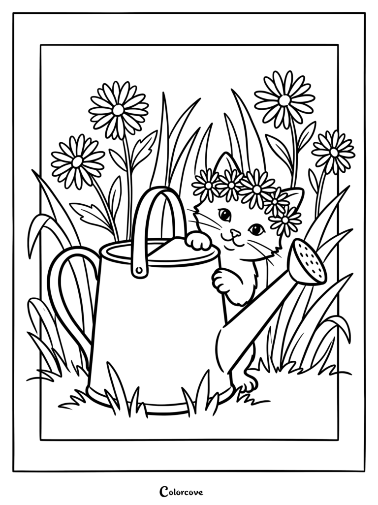 Aster coloring page featuring a cute cat wearing a flower crown next to a watering can in the garden