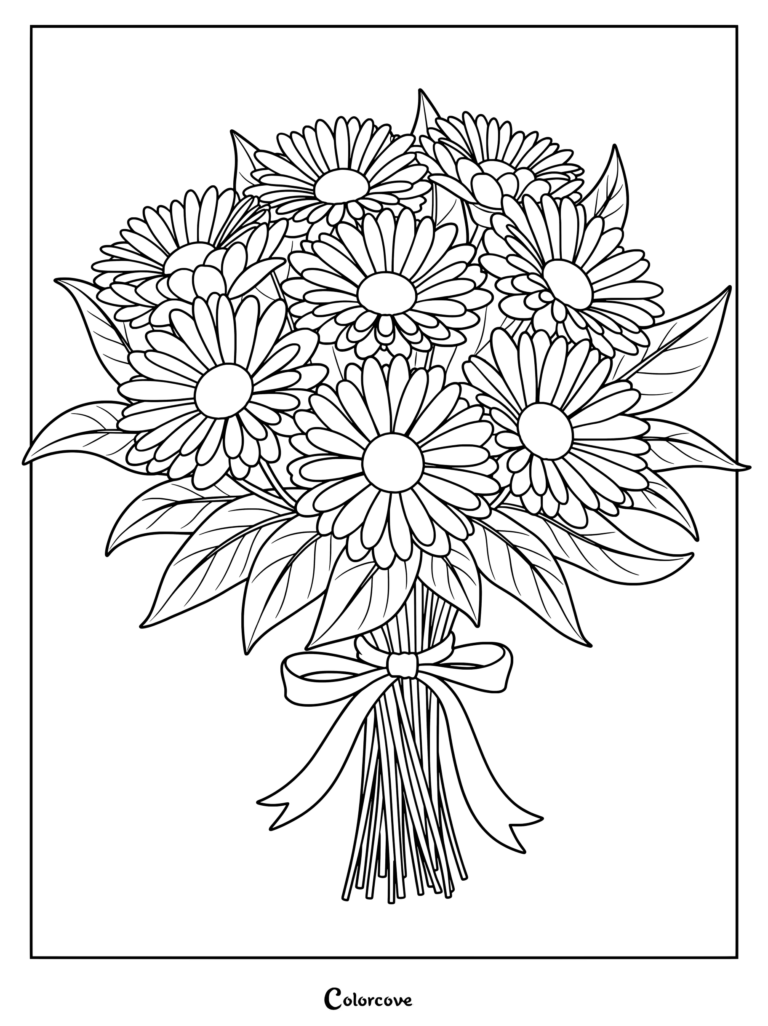 Detailed coloring page of an Aster flower bouquet tied with a bow ribbon.