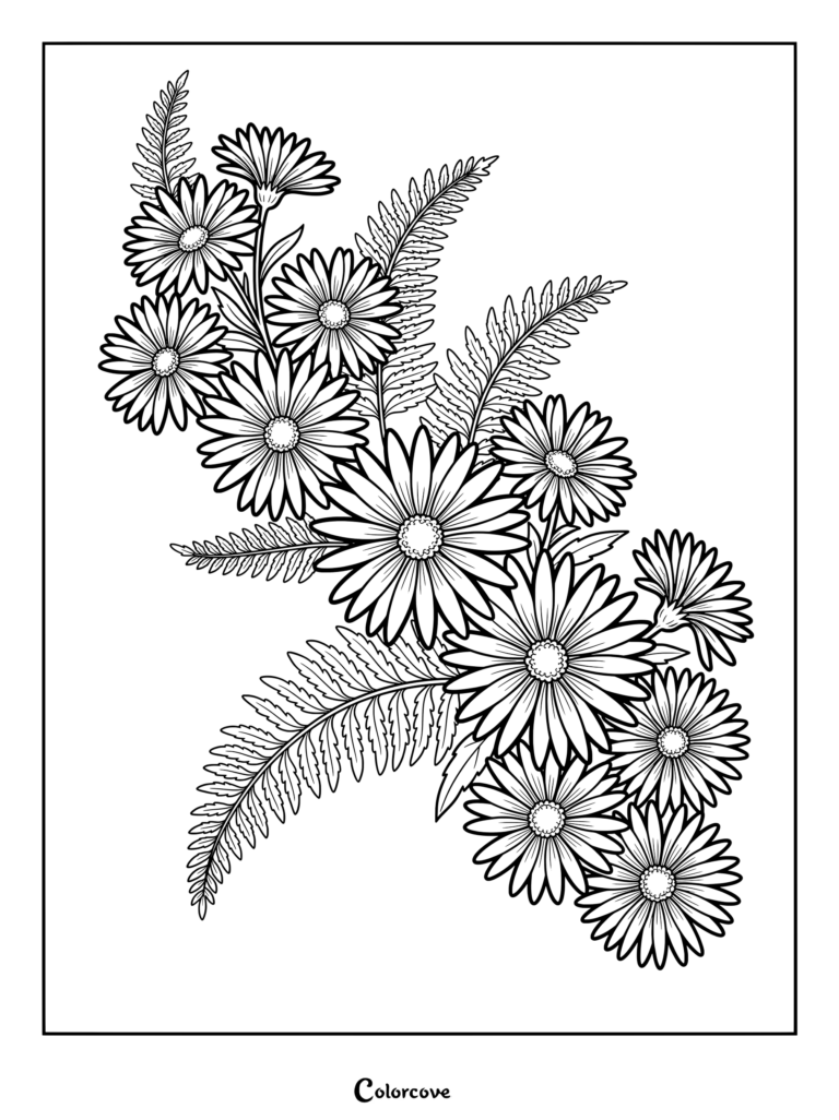An intricate Aster flower coloring page featuring a bouquet of daisies and delicate fern leaves.