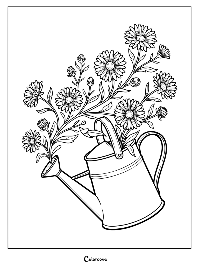 Aster flowers blooming out of a metal watering can coloring page