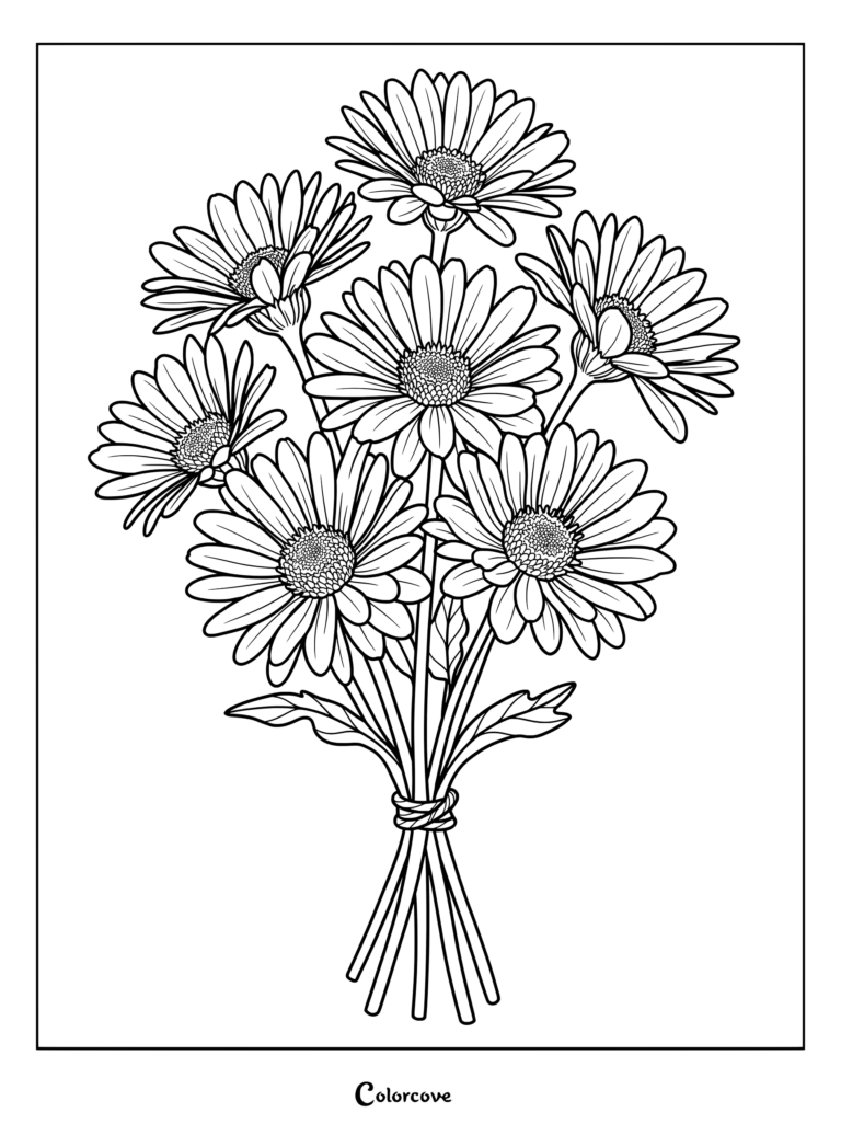 A printable coloring page featuring a lovely arrangement of aster flowers tied with a string.