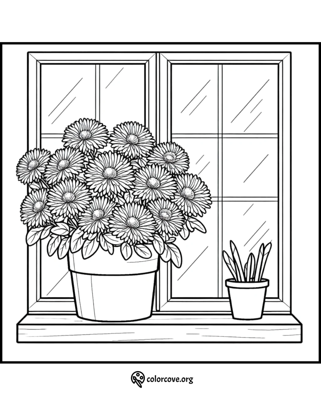 Coloring page of a detailed potted flower arrangement and plant on a windowsill. Ideal for stress relief and creativity.