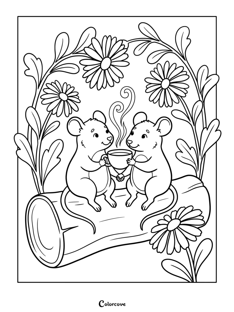Aster coloring page featuring two cute mice sitting on a log and sharing a cup of hot tea surrounded by flowers
