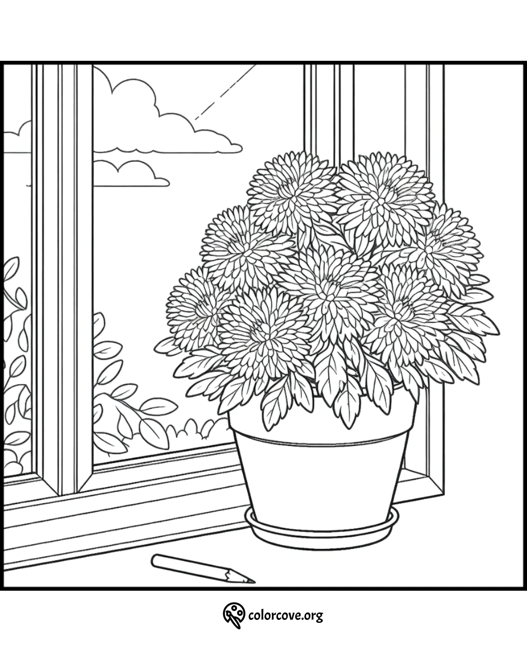 Coloring page of potted flowers on a windowsill with a pencil, open window, and scenic outdoor view with clouds.