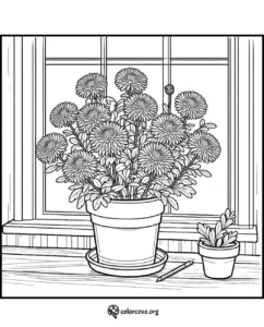 Coloring page featuring a large potted flower plant and a small succulent, both on a windowsill with a pencil nearby.