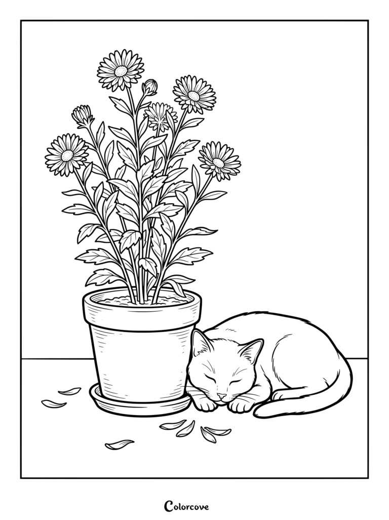 A sleeping cat rests beside a potted plant of Aster flowers on this printable coloring page.