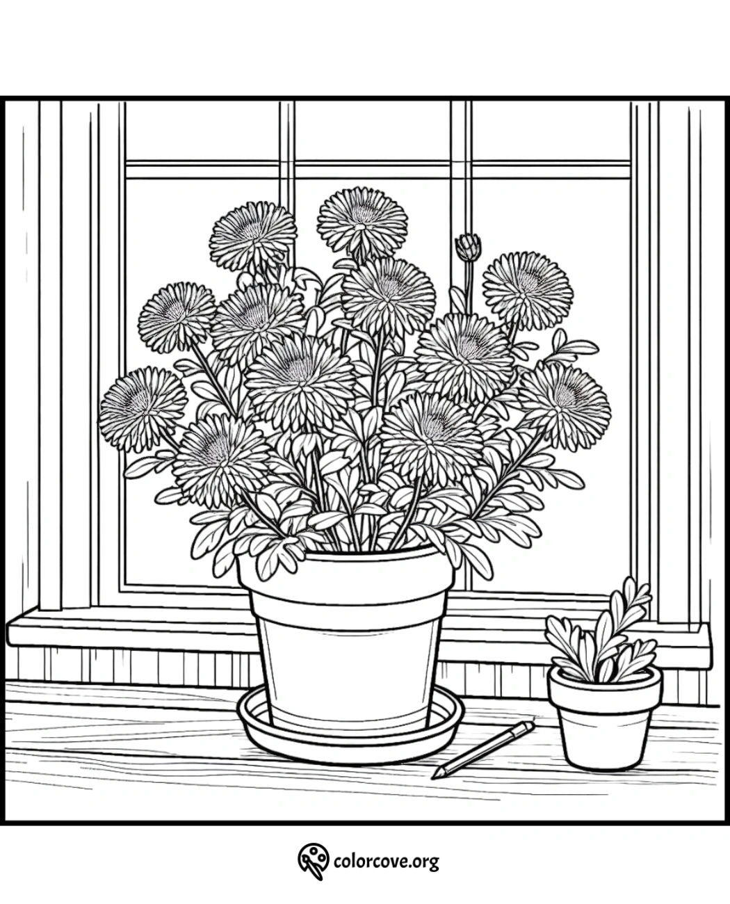 Coloring page featuring a large potted flower plant and a small succulent, both on a windowsill with a pencil nearby.