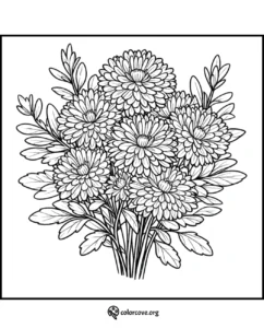 Coloring page of a detailed flower bouquet with leaves, designed for adult coloring and relaxation.