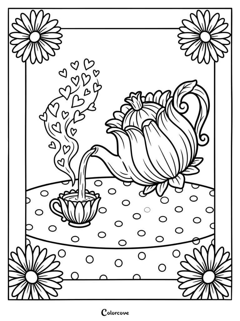 Printable Aster coloring page featuring an ornate teapot pouring tea into a cup with floating heart steam and flower borders.