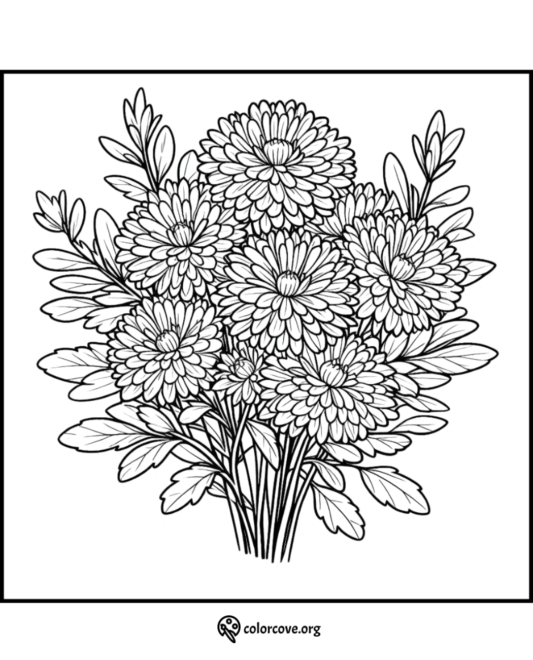 Coloring page of a detailed flower bouquet with leaves, designed for adult coloring and relaxation.