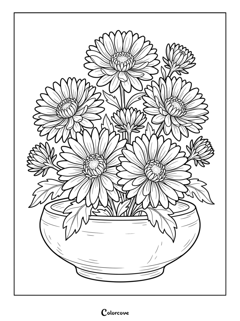 Detailed botanical illustration of an Aster flower coloring page in a ceramic pot.