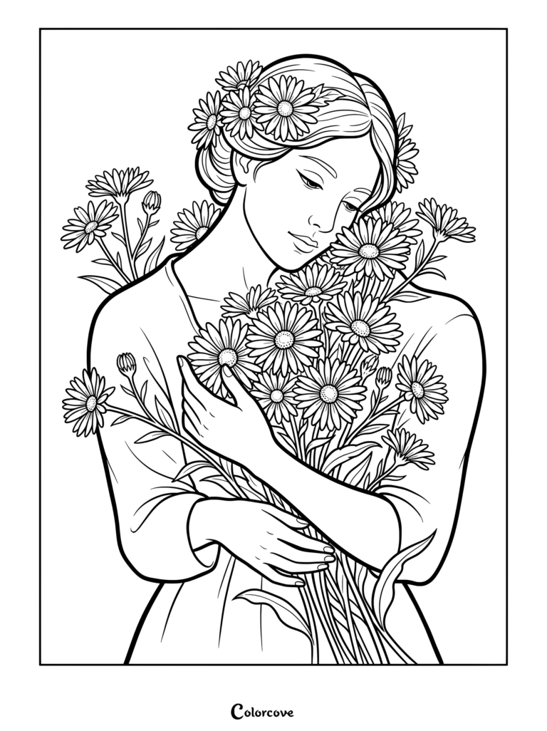 Printable coloring page of a graceful woman holding an abundant arrangement of aster flowers.