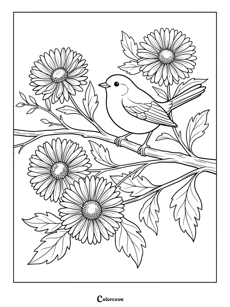 Printable coloring page of a small bird perched on a branch surrounded by blooming Aster flowers.