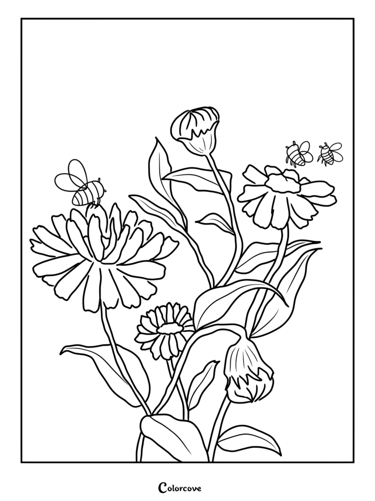 Aster coloring page featuring delicate flowers and buzzing bees.