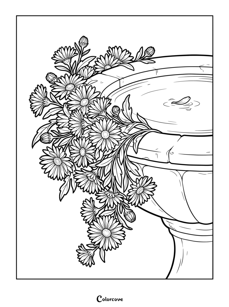 Detailed line art coloring page of blossoming aster flowers draping over a stone fountain.