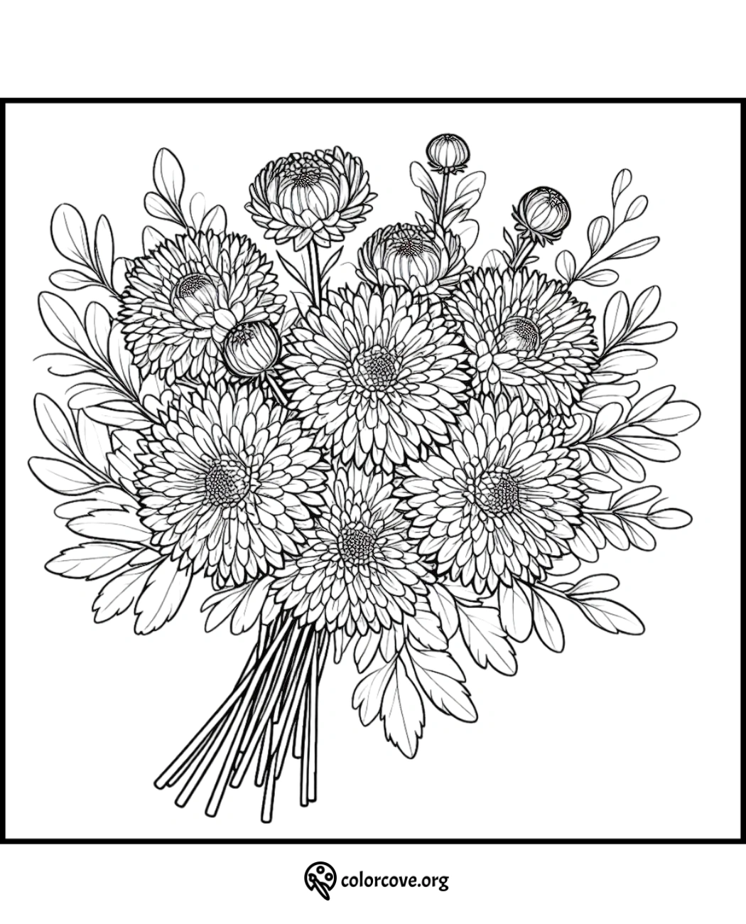 Black and white flowers coloring page featuring a detailed bouquet of various flowers and leaves, ready to print and color.