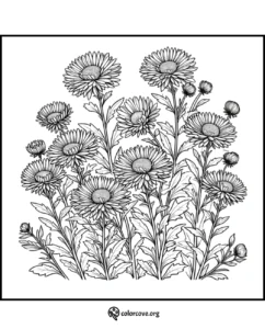 Coloring page featuring a detailed illustration of blooming daisies with leaves. Perfect for relaxation and stress relief.